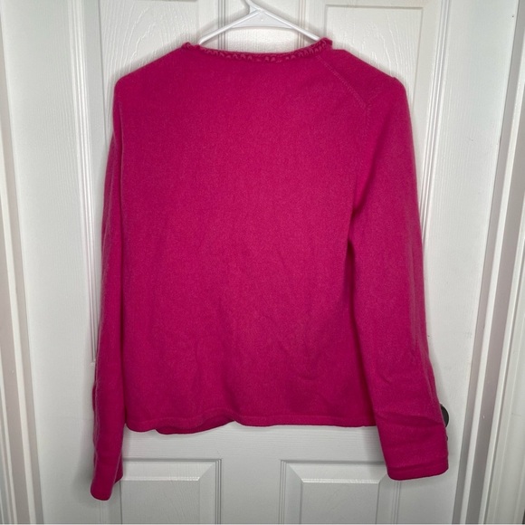 Ann Taylor 100% Cashmere Ruffled Neckline Cardigan Rhinestone Closure in Pink L - Picture 2 of 13